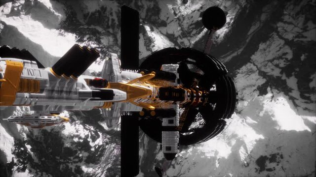 futuristic spaceship near the Earth. Elements of this image furnished by NASA