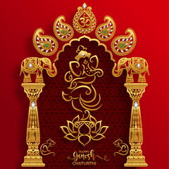 Festival of Ganesh Chaturthi with golden shiny Lord Ganesha patterned and crystals on paper color Background.