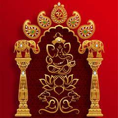 Festival of Ganesh Chaturthi with golden shiny Lord Ganesha patterned and crystals on paper color Background.