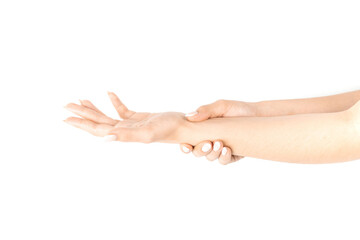 Hand massage. Female finger exercise, stretch therapy for pain wrist protective isolated on white...