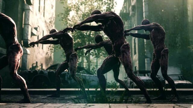 Scary hungry zombies are walking through an abandoned and destroyed city. The concept of the zombie-apocalypse. Animation for fantasy, fiction, zombie and apocalypse backgrounds.