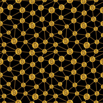 Cryptocurrency seamless repeat pattern background. Perfect for digital payment themed wallpaper, information technology, cashless transaction system design projects. Surface pattern design.