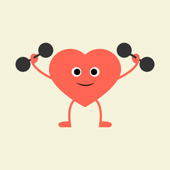 Cute red heart holding dumbbells in hands. Healthy heart flat vector icon illustration isolated on background. Cartoon character 