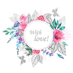 Watercolor floral frame. With love. Vector illustration