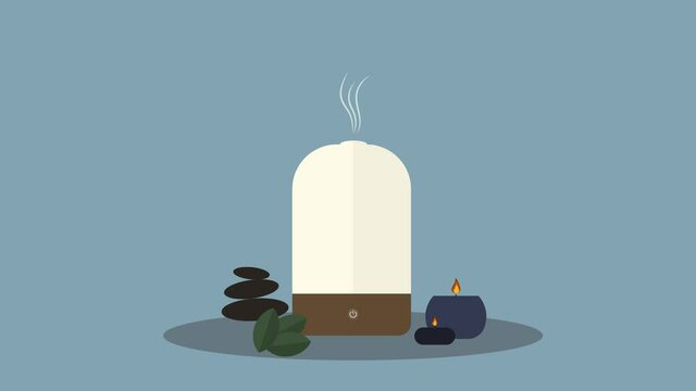 Animated aromatherapy diffuser for essential oils. Massage stones, candles, spa concept. 