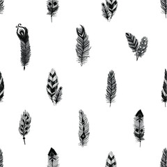 Detailed feathers and crystals in boho style. Seamless pattern.