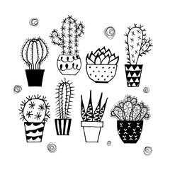 Doodle textured cactuses set.