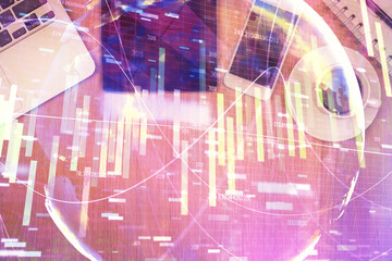 Double exposure of business theme hologram over desktop with phone. Top view. Mobile international trade connection concept.