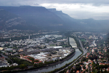 Obraz premium Grenoble city panorama from La Bastille Hill in France.