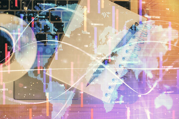 Multi exposure of business theme drawing and work table top veiw. Concept of international finance.