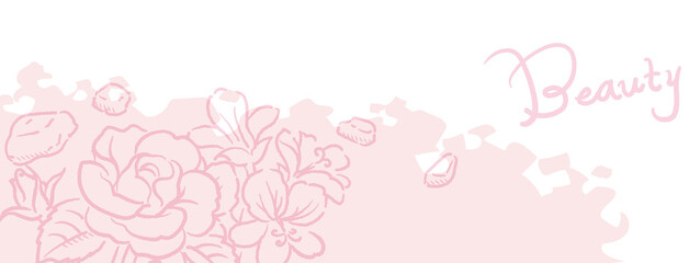 バナー, 背景などに使えるアロマ用ローズとゼラニウムのスケッチイラスト。ベクター画像