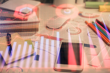 Double exposure of forex chart drawing and cell phone background. Concept of financial data analysis