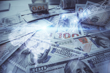 Double exposure of brain drawing over us dollars bill background. Technology concept.