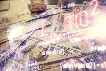 Double exposure of formula drawing over usa dollars bill background. Concept of education.