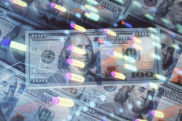 Double exposure of data theme drawing over us dollars bill background. Technology concept.