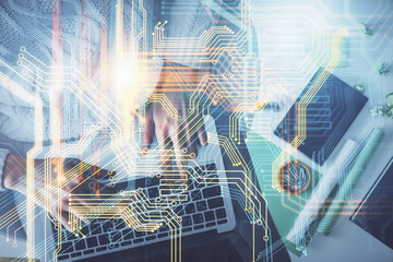 Double exposure of woman hands working on computer and world map hologram drawing. Top View. International business concept.