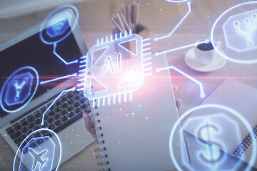 Multi exposure of woman hands working on computer and data theme hologram drawing. Tech concept.