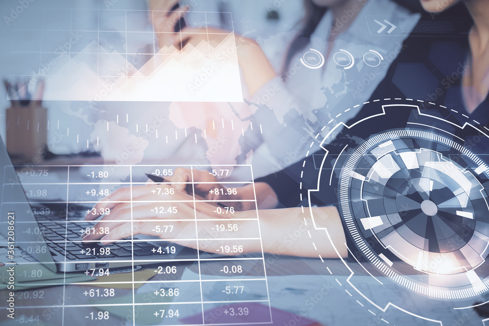 Poster multi exposure of woman hands typing on computer and financial graph hologram drawing. stock market 