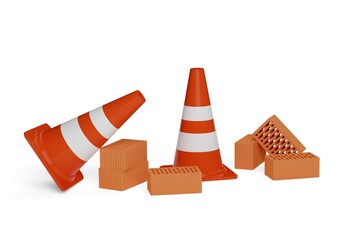 Fototapeta na wymiar Orange traffic warning cones or pylons with stone bricks on white background - under construction, maintenance or attention concept