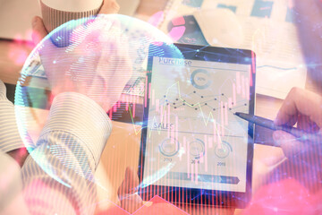 Double exposure of man's hands holding and using a phone and international business theme drawing.