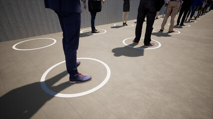 Concept or conceptual 3d illustration of people standing in line, social distancing as means of prevention or protection against coronavirus contamination. A change in lifestyle metaphor on lockdown