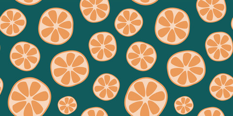 Orange seamless pattern. Bright colorful orange and green endless background with citrus fruit