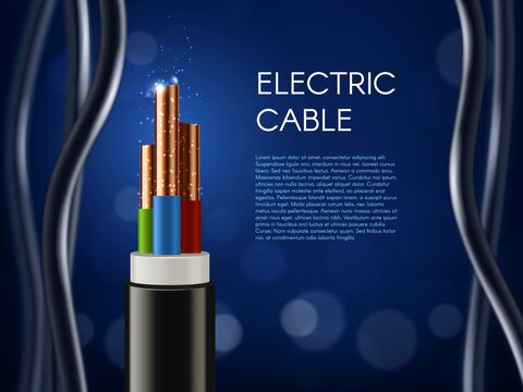 Electric Cable With Copper Wire Conductors. Vector 3d Wiring, Realistic Wire Cable With Multicolored Insulation And Electric Spark. Electricity, Internet And Television Technology Cord Supply Poster