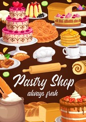 Desserts and sweet pastry vector banner. Bakery, bread, pie and cake confectionery. Wedding cake with raspberry, jelly pudding with currant, pancakes poured honey, waffles with ice-cream and topping