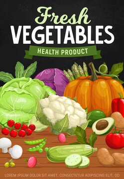 Farm vegetables, healthy and natural food products. Vector cabbage, asparagus, pumpkin and bell pepper, cherry tomato, zucchini ans radish, mushroom and potato, cauliflower and avocado, olives and pea