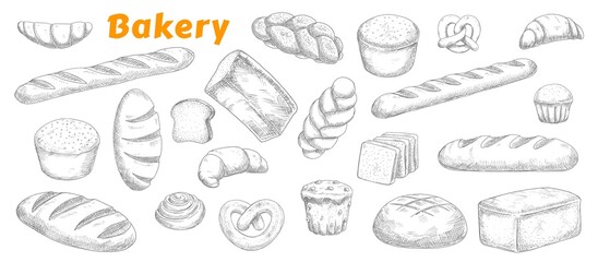 Bakery, pastry and bread isolated vector sketch icons. Engraved bake shop rye and wheat bread sorts, muffin, bun and bagel, sliced loaf, french baguette and croissant, pretzel and biscuit sketch
