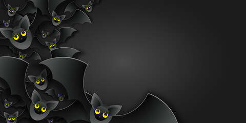 Halloween background. Black bats on dark. Paper cut style vector illustration