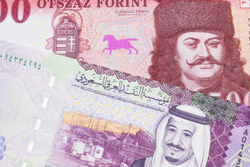 A close up image of a red, one hundred Hungarian forint bill close up with a colorful five riyal...