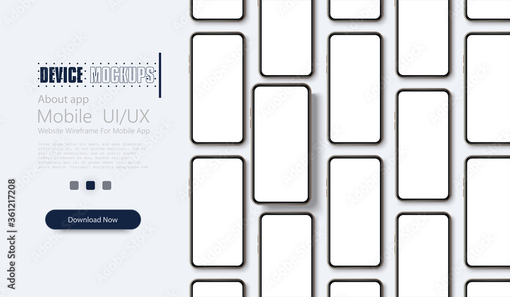 Poster set of realistic smartphone top view. a large number of phones. frameless blank mobile phone, modern
