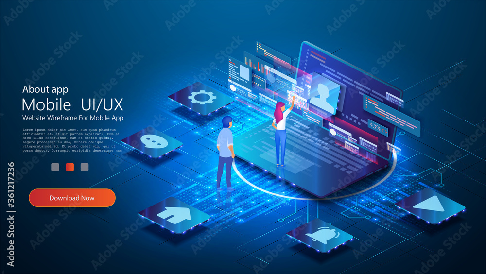 Poster ux / ui design concept conceptual laptop with a disassembled interface. people interact with parts o