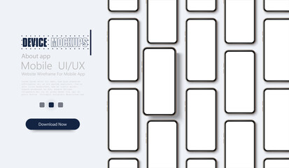 Set of realistic smartphone top view. A large number of phones. Frameless blank mobile phone, modern cell phones template. Front concept cellphone set. Vector illustration