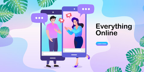 Man and woman planning meeting with online app. People using appointment business application. Modern smartphone with users communicating and speech bubbles. Online dating and social networking.