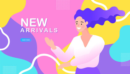 A beautiful smiling woman. Modern layout with geometric shape pattern. illustration on a colourful background.