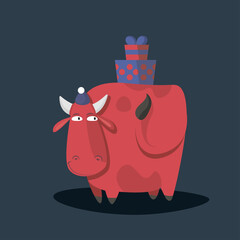 Red bull with gifts on its back, vector illustration in flat style. Symbol of the new year 2021 and Christmas. Design for web, app, printing houses, and textiles