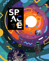 Fototapety  Szablon transparentu kosmosu i astronauta. Ilustracja wektorowa kosmonauta stoi na powierzchni, planet, układu słonecznego, streszczenie jasny projekt wszechświata galaktyk. Rysunki na plakat, baner lub pocztówkę