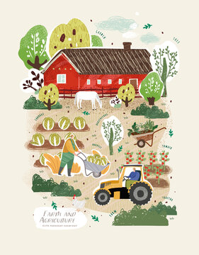 Farm and agriculture. Vector cute illustrations of men carries wheelbarrow cart, tractor on field, vegetable harvest in garden, red barn, trees, horse. Freehand drawings for poster, banner or postcard