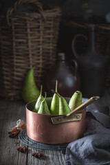 Ingredients for homemade mulled wine with pears and cinnamon