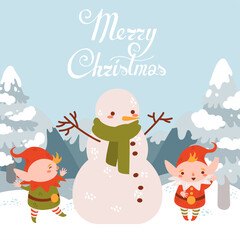 Flat cartoon cute vector Christmas elfs with snowman in winter forest landscape. Template for card