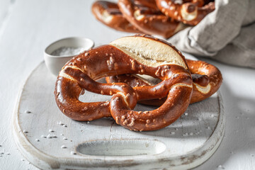 Homemade pretzels freshly baked with salt at home