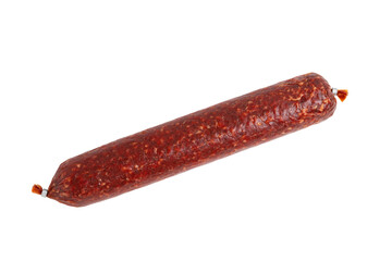 Stick of raw smoked sausage isolated on a white background with clipping paths with shadow and...