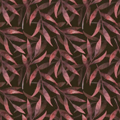Watercolor seamless autumn red rowan leaves pattern. High quality illustration. Dark background