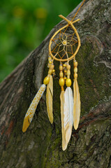 Native golden dream catcher with painted feathers in park