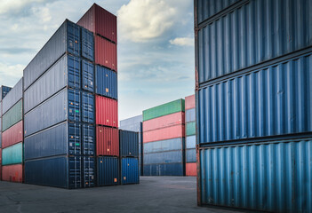 Container Cargo Port Ship Yard Storage Handling of Logistic Transportation Industry. Row of...