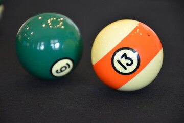 Billiard balls in a Black billiard pool table, focused on 13 ball
