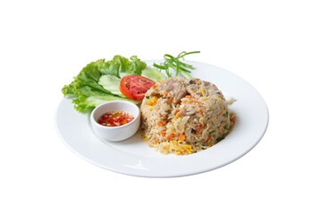 Dish of pork fried rice on white background.
