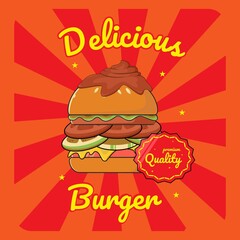 Flat design delicious hamburger with cheese and vegetables illustration